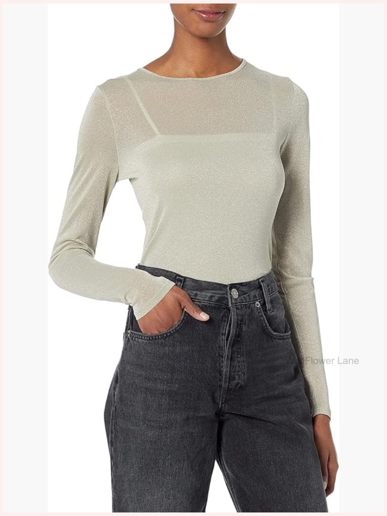 Shimmer Long Sleeve Crew Neck Top Lightweight Stretchy